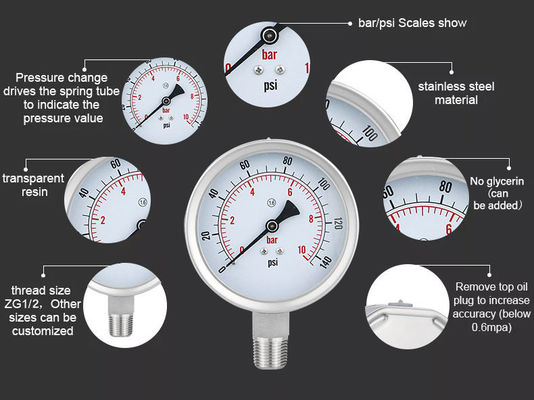 Schnurverbindung WZ 100mm 304SS Druckmessgerät aus Edelstahl Zylinderkopfcode